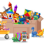 Shelf and box full of toys on white background illustration